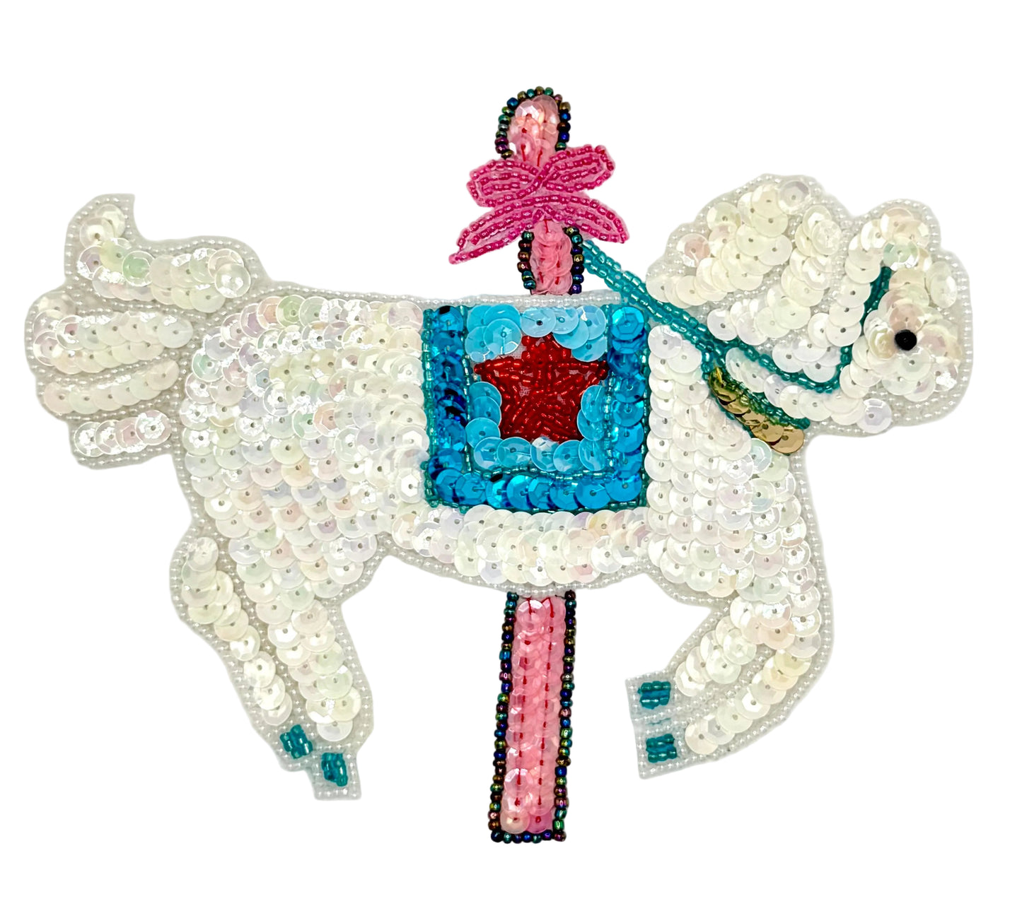 Carousel horse patch made of sequins and beads, on a white background.