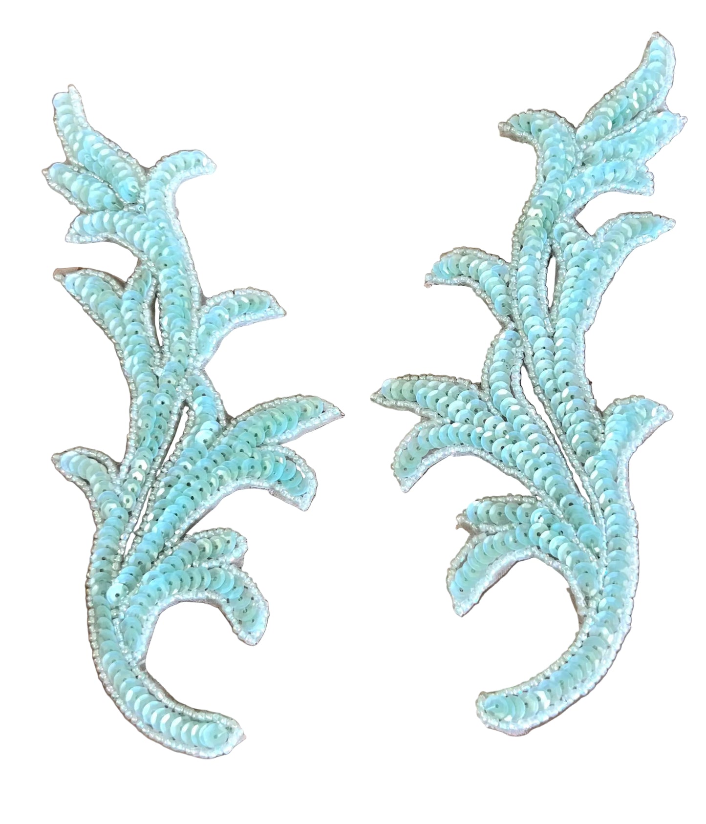 Leaf Pair with Light Sea Mist Sequins and Beads, 7.5" x 3"