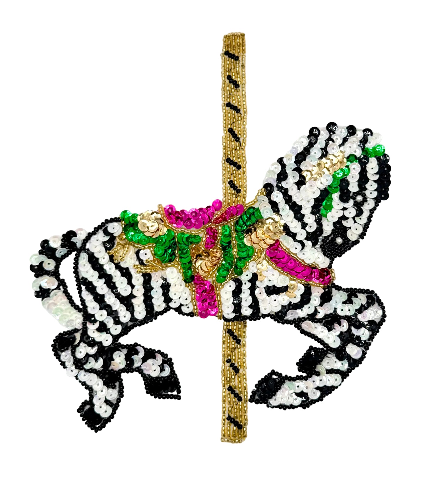 Decorative carousel zebra with colorful sequins on a white background
