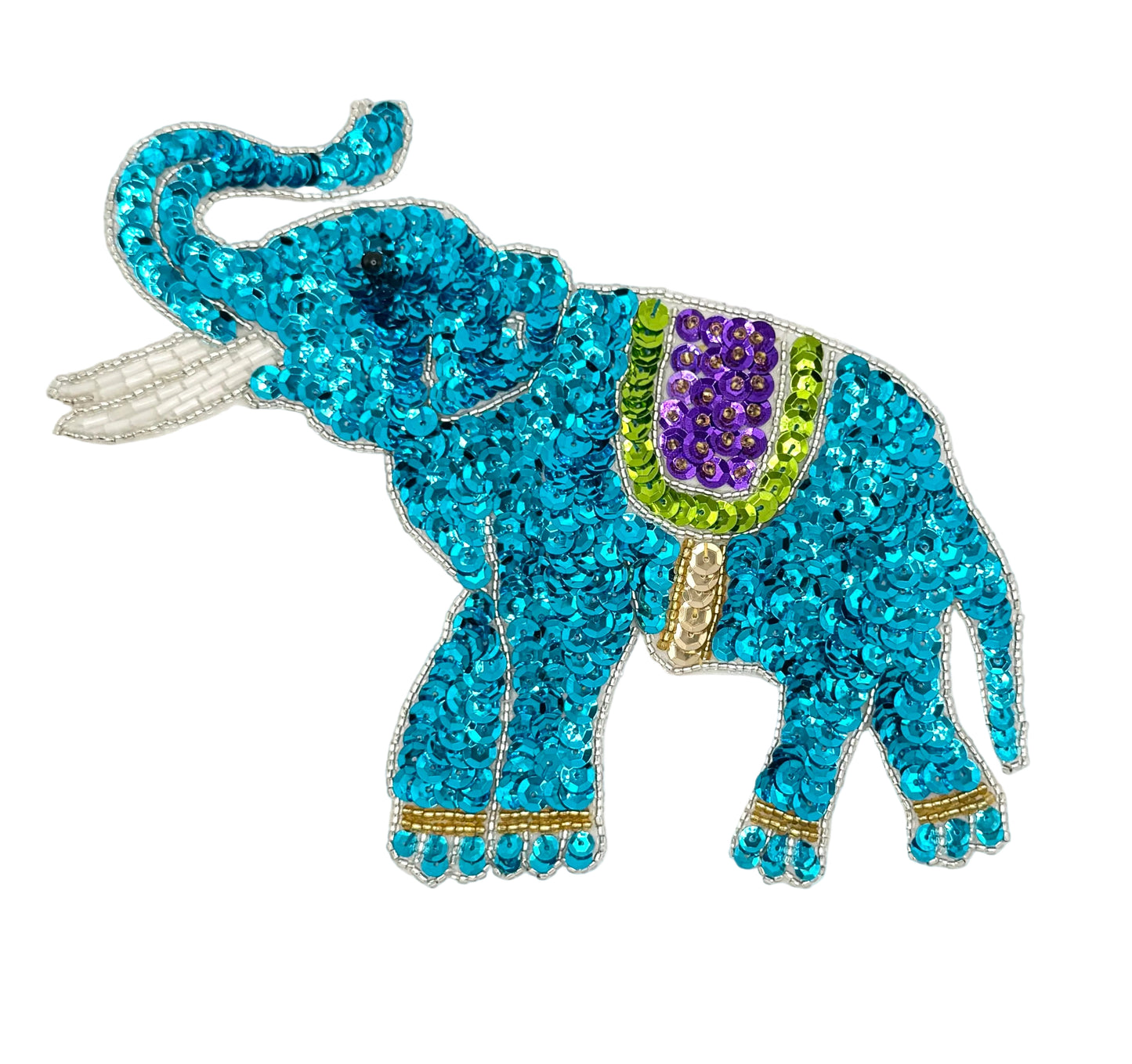 Decorative sequin and bead elephant patch with turquoise and purple colors on a white background