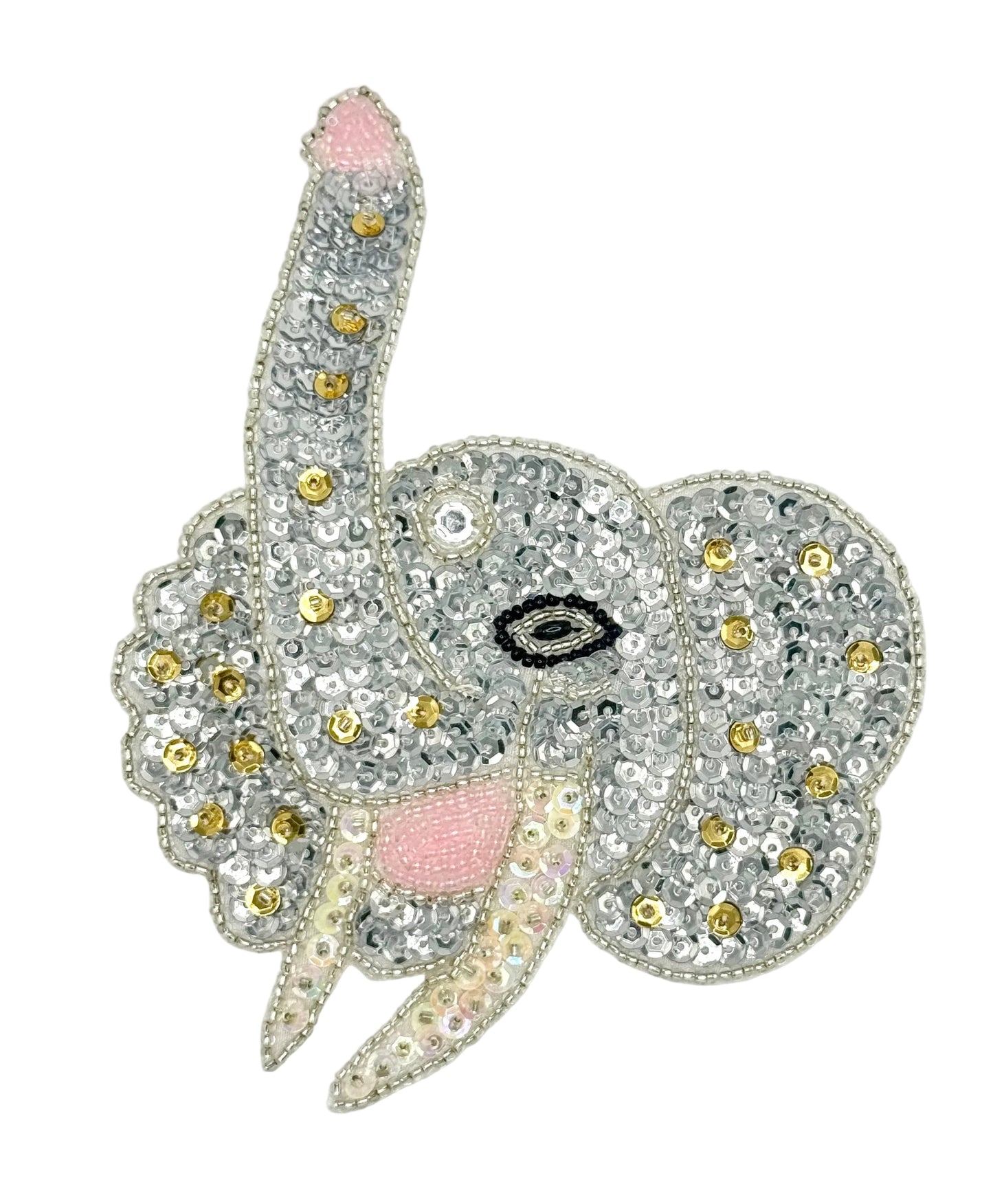 Elefante con lentejuelas y cuentas doradas, rosas y plateadas - Estrás 6.5" X 5"