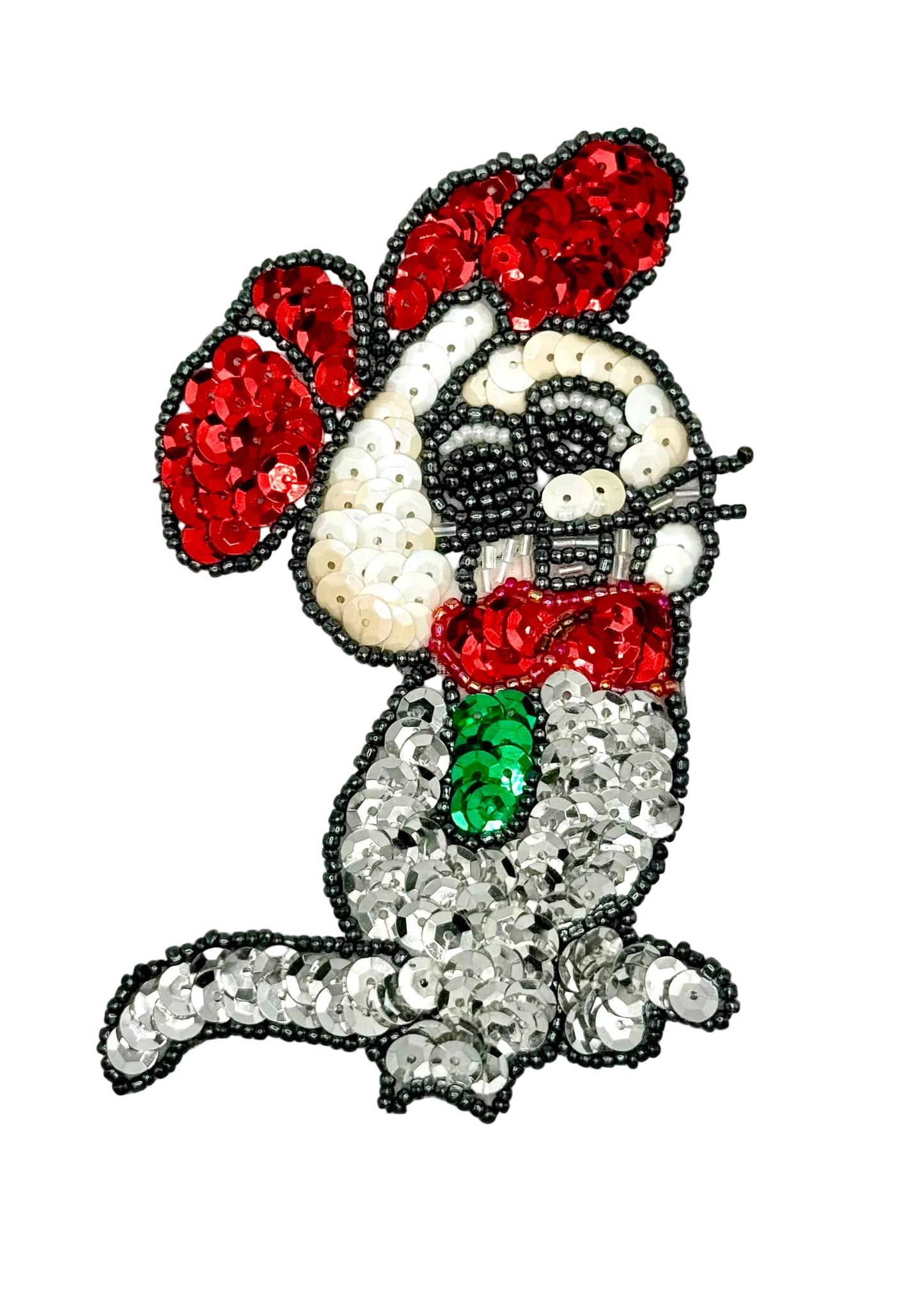 Sequin Mouse patch with red bow on a white background