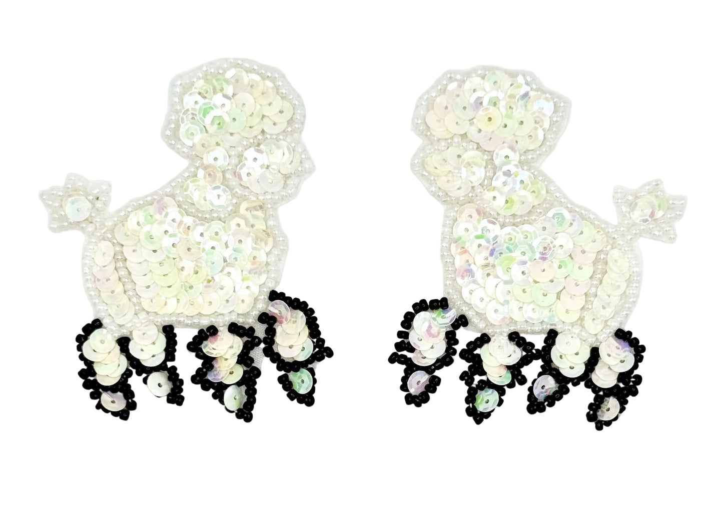 Pair of white iridescent poodle patches with sequin details on a white background