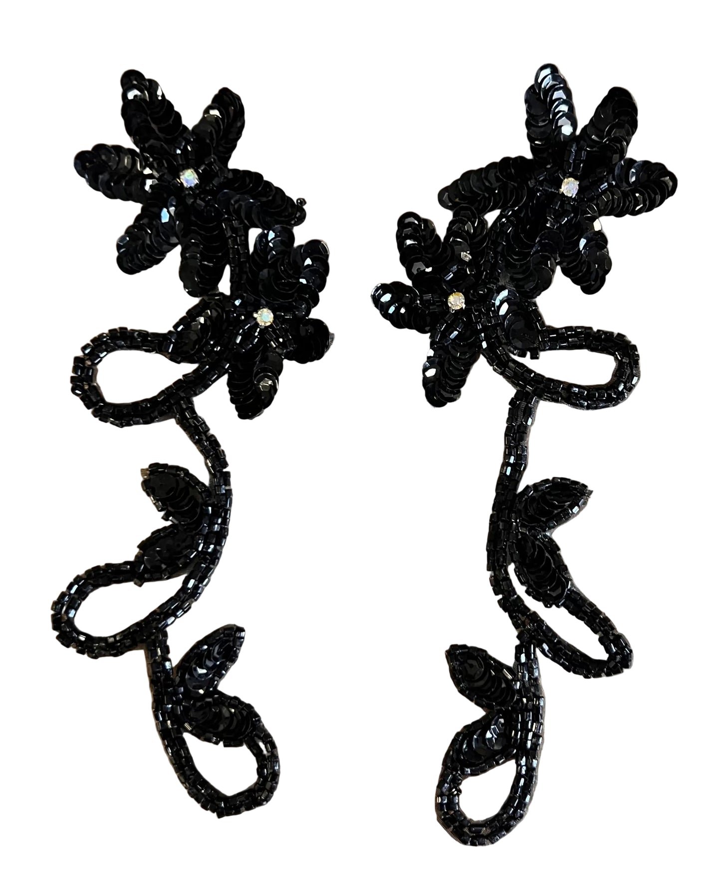 Flower Pair with Black Sequins and Beads and AB Rhinestones 8" x 3.5" Each Side