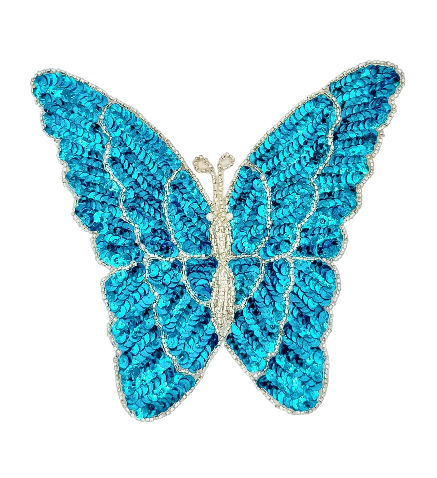 Turquoise butterfly-shaped decorative item with sequins and beads on a white background