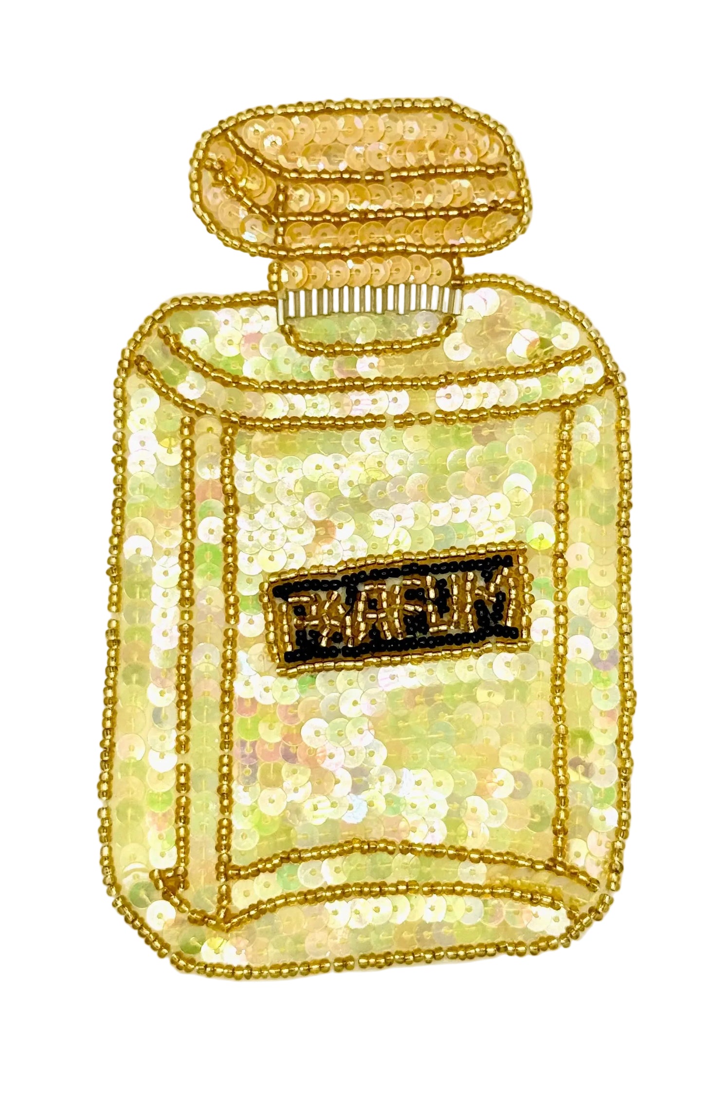 Decorative perfume bottle with gold iridescent sequins and beads on a white background