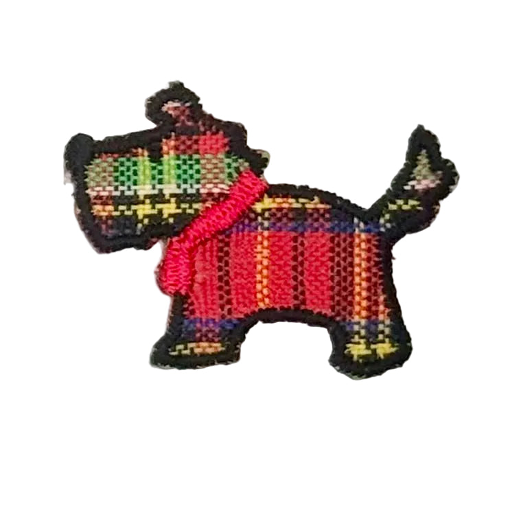Embroidered Scottie dog with tartan pattern on a white background