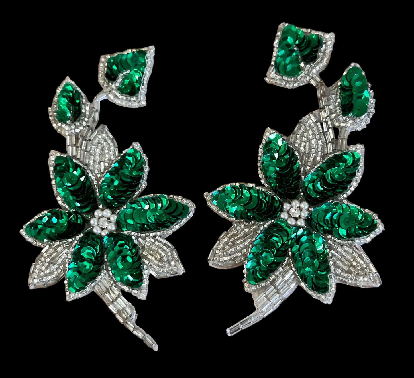 Flower Pair with Green Sequins Silver Beads Pearls and Rhinestone 6" x 3"