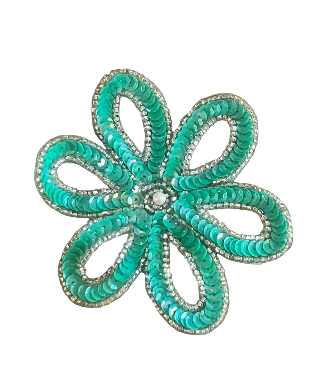 Flor con lentejuelas Verde Mar y abalorios plateados de 3.5" x 3.5"