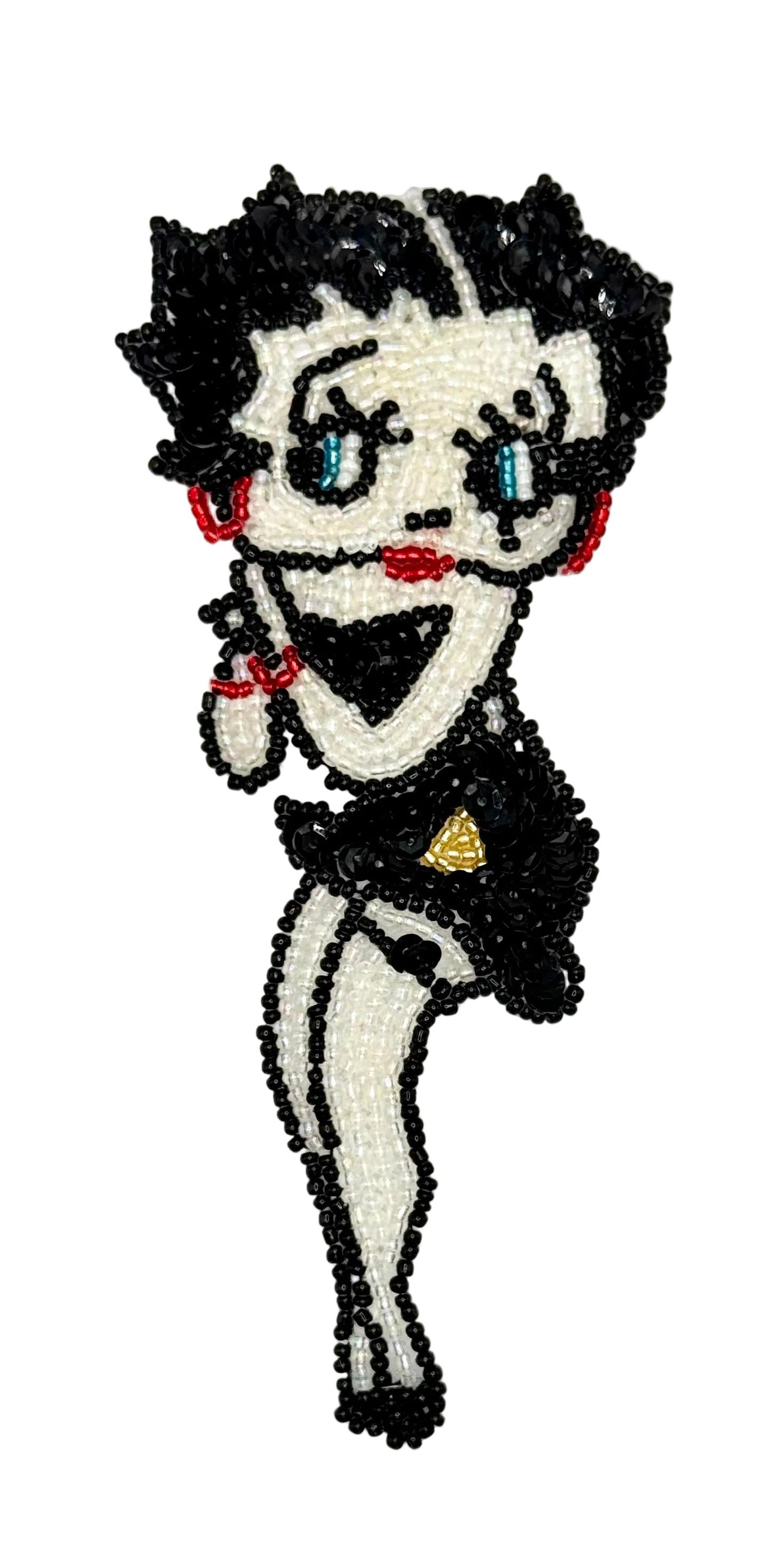 Sequin and bead Vintage cartoon character patch of a character with black hair, red eyes, and a black outfit on a white background