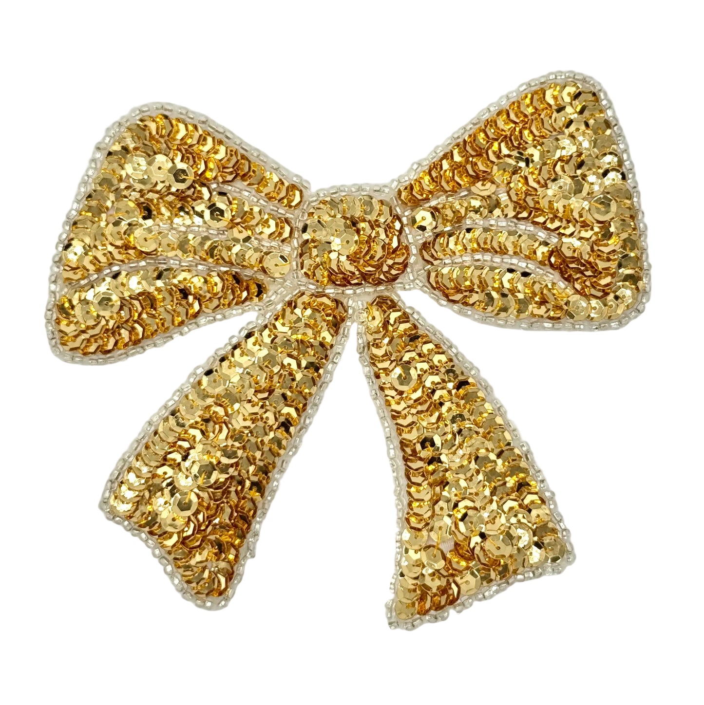 Gold sequin bow on a white background