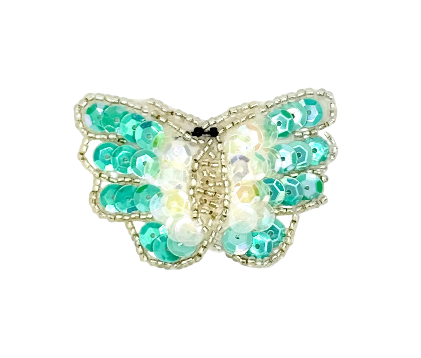 Butterfly - Light Turquoise and Iridescent Sequins - Silver Glass Beads 2.5" x 1.5"