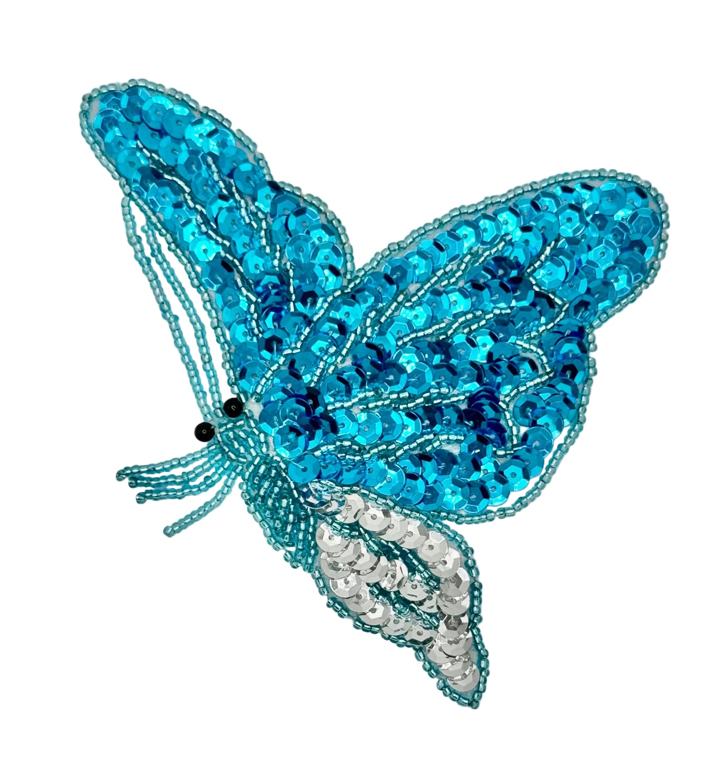 Flying Butterfly - Turquoise and Silver Sequins and Glass Beads 5.75" x 4.75"