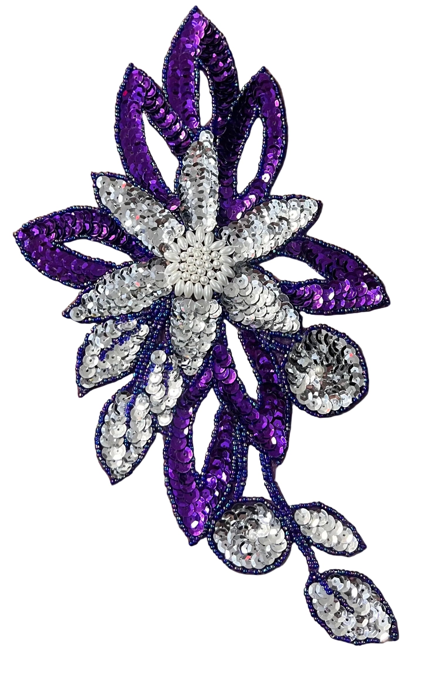 Flower with Purple and Silver Sequins and Beads and White Pearls 12" x 6.5"