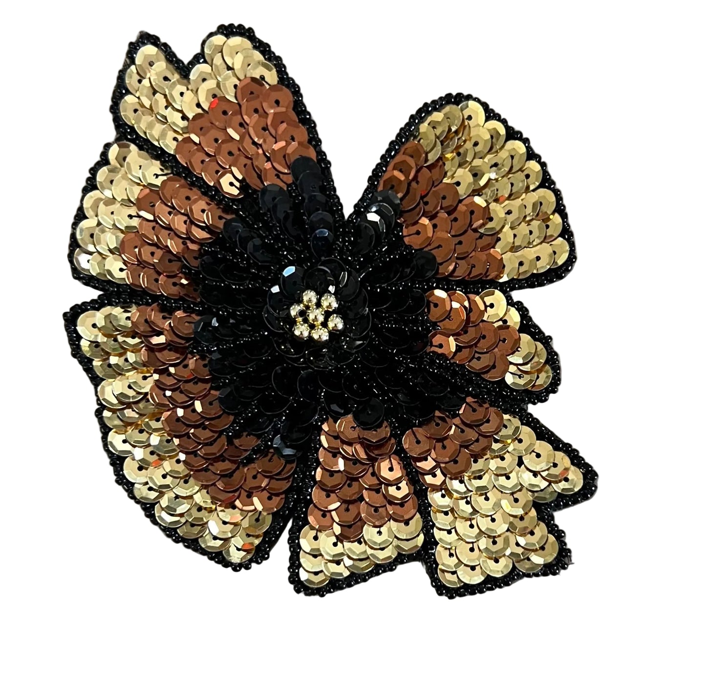 Flower with Gold, Bronze, and Black Sequins, Black Beads and Rhinestones in the Center 5.5" x 4.25"