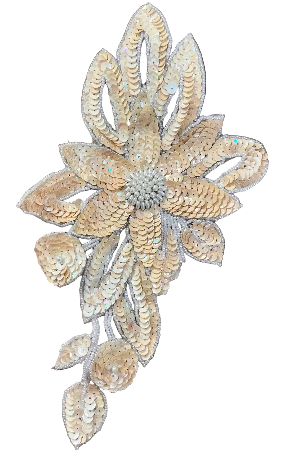 Flor con lentejuelas y abalorios beige de 29,2 cm x 16,5 cm