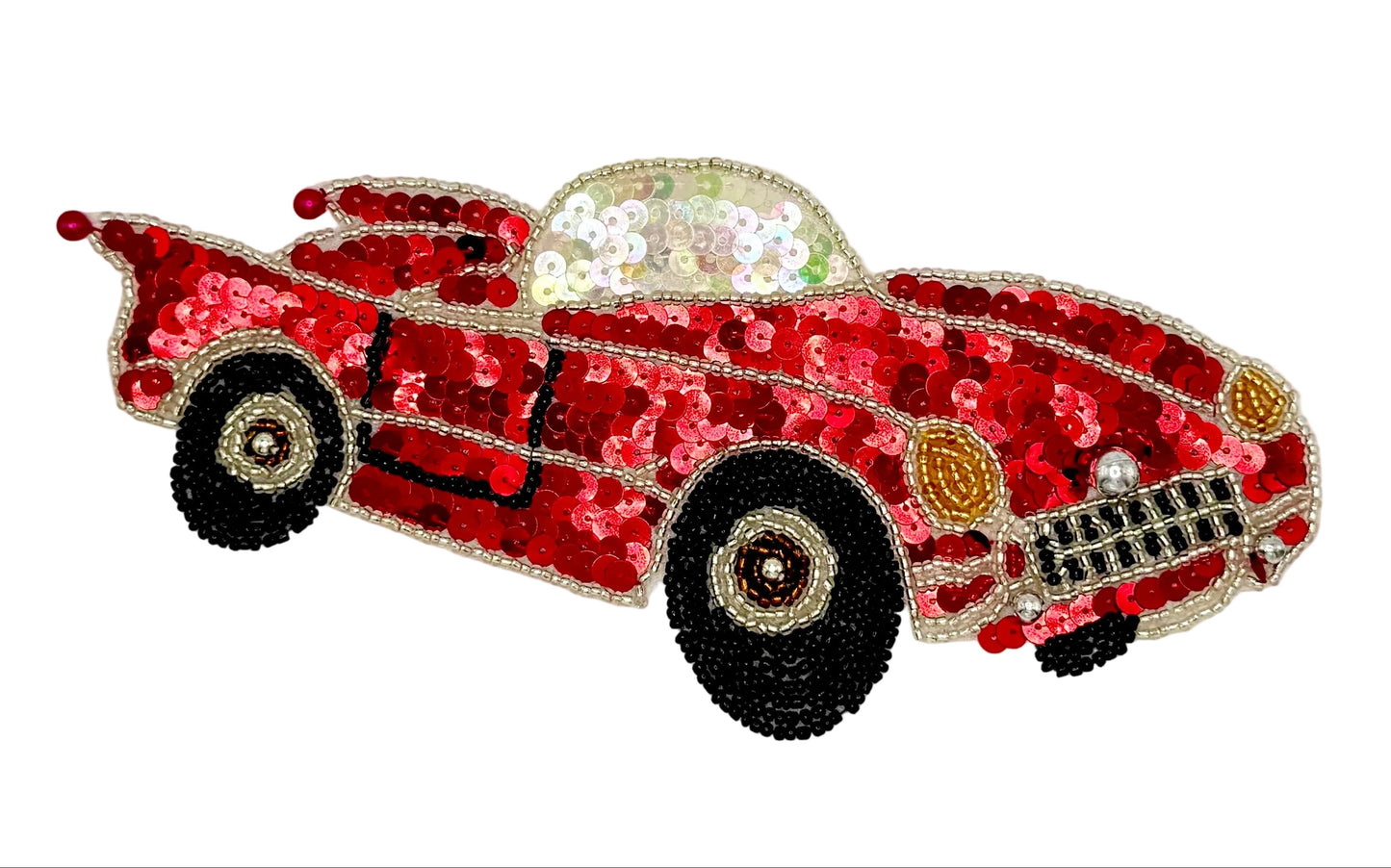 Sequined red car design on a white background
