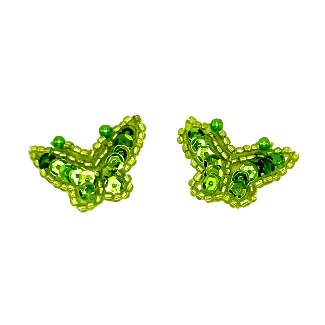 Pair of lime green butterfly-shaped sequin and bead patches on a white background
