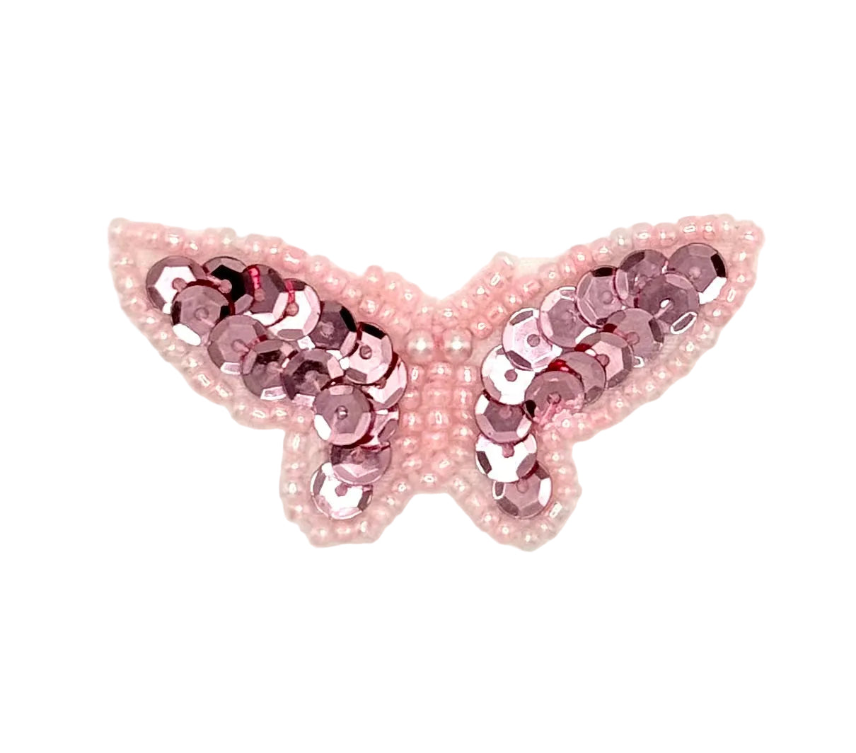 Butterfly-shaped patch with pink sequins and beads on a white background