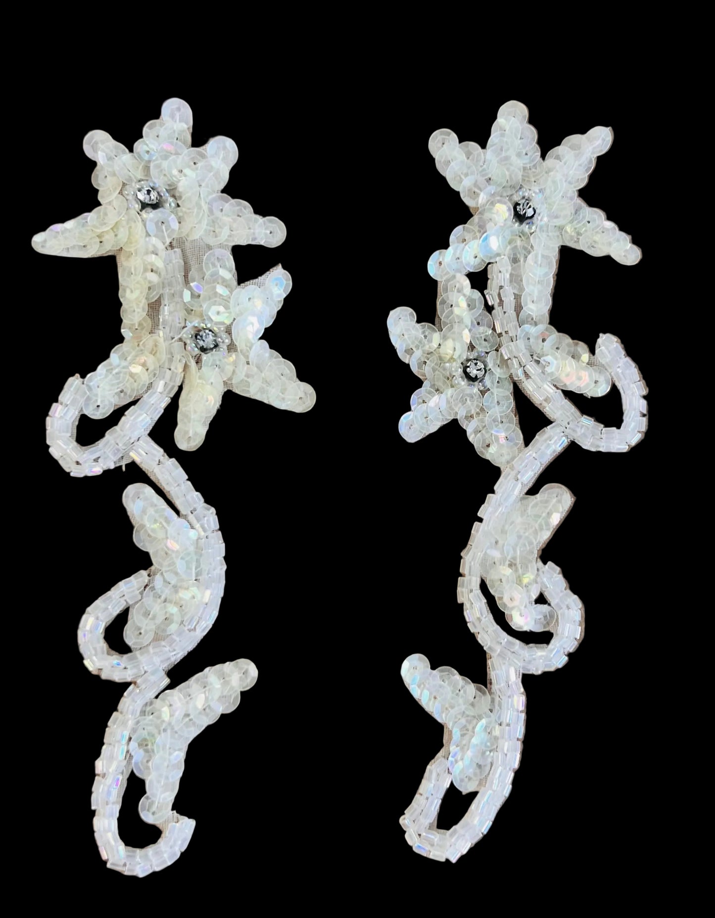 Flower Pair with Iridescent Sequins Beads and Rhinestone 6" x 2.5"