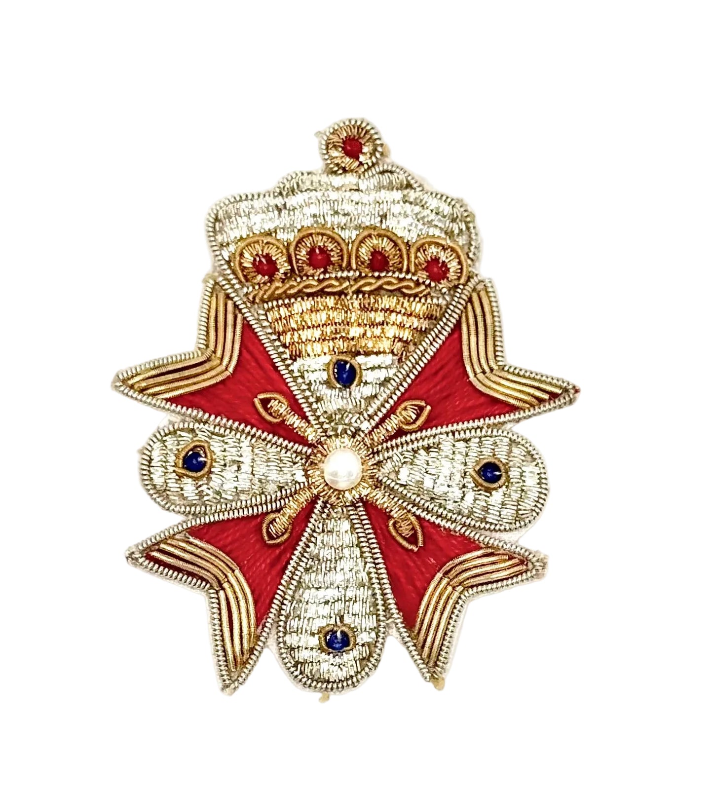 Embroidered Decorative emblem with red center, gold border, and blue accents on a white background