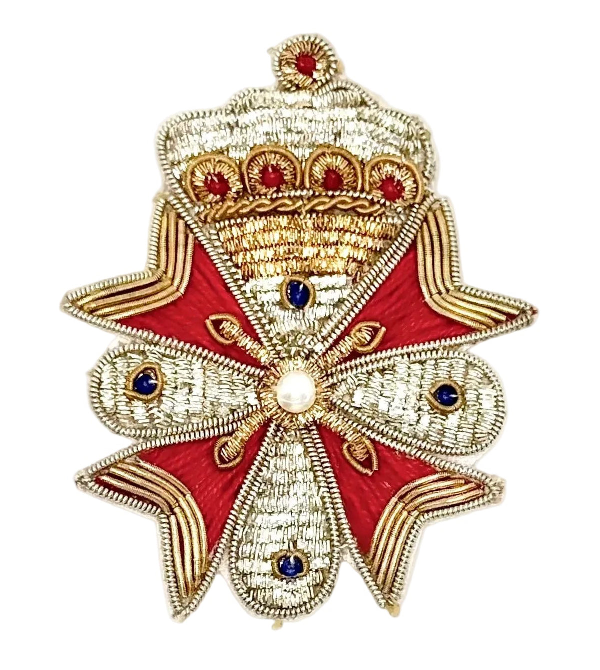 Embroidered Decorative emblem with red center, gold border, and blue accents on a white background