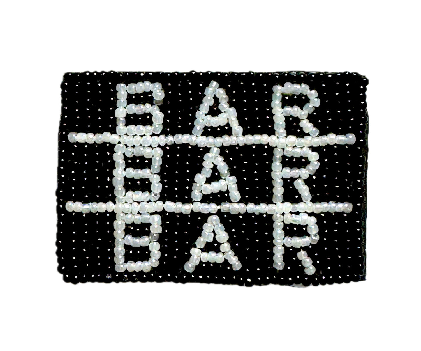 Black beaded slot machine symbol patch with 'BAR' text on a white background