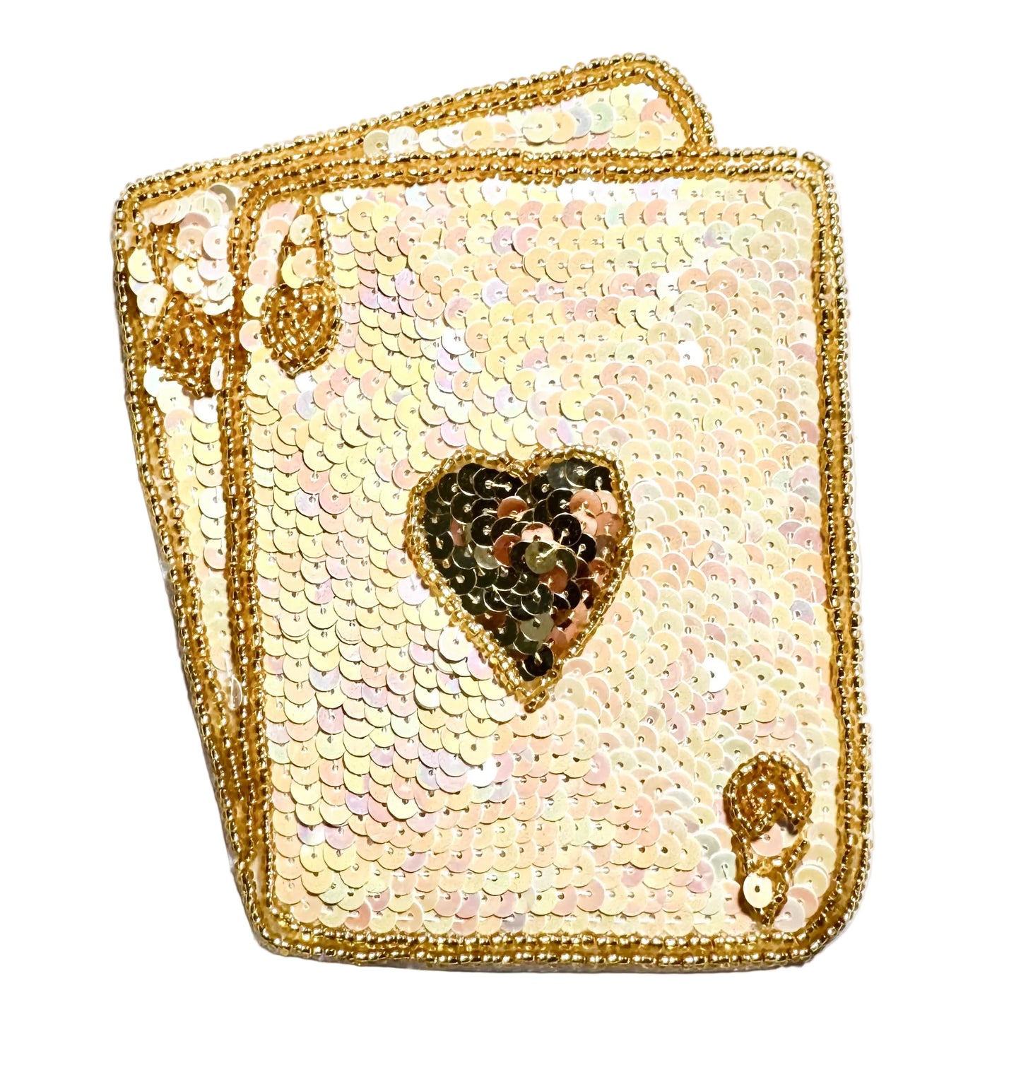 Sequined Ace and King Blackjack hand of cards with a heart design on a white background