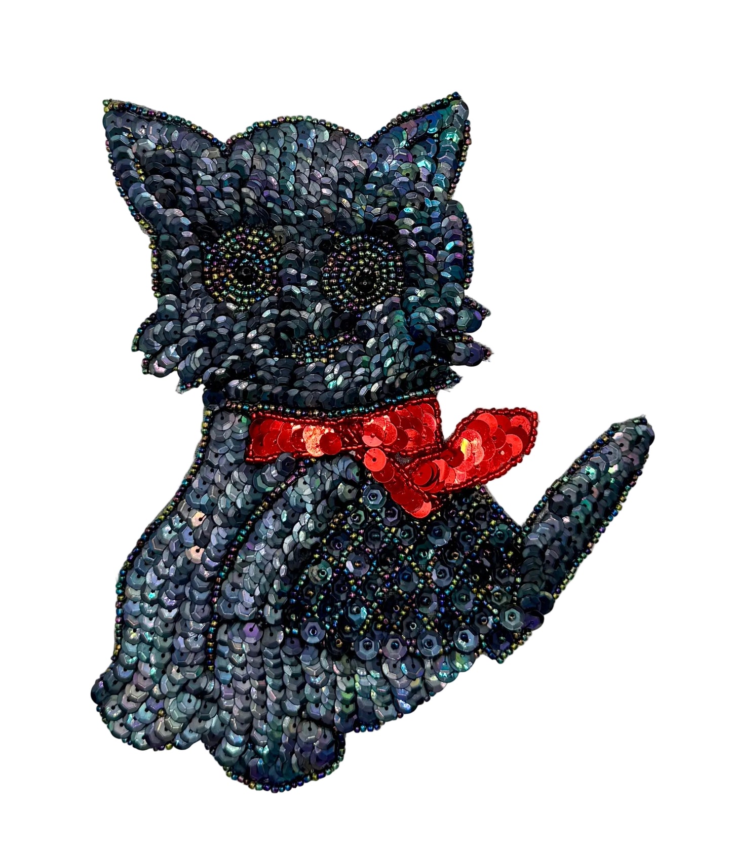 Sequin and bead cat on a white background