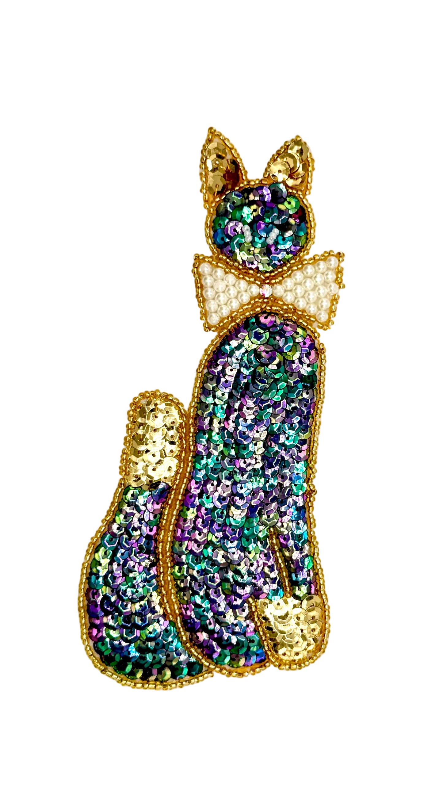Sequin and bead cat on a white background
