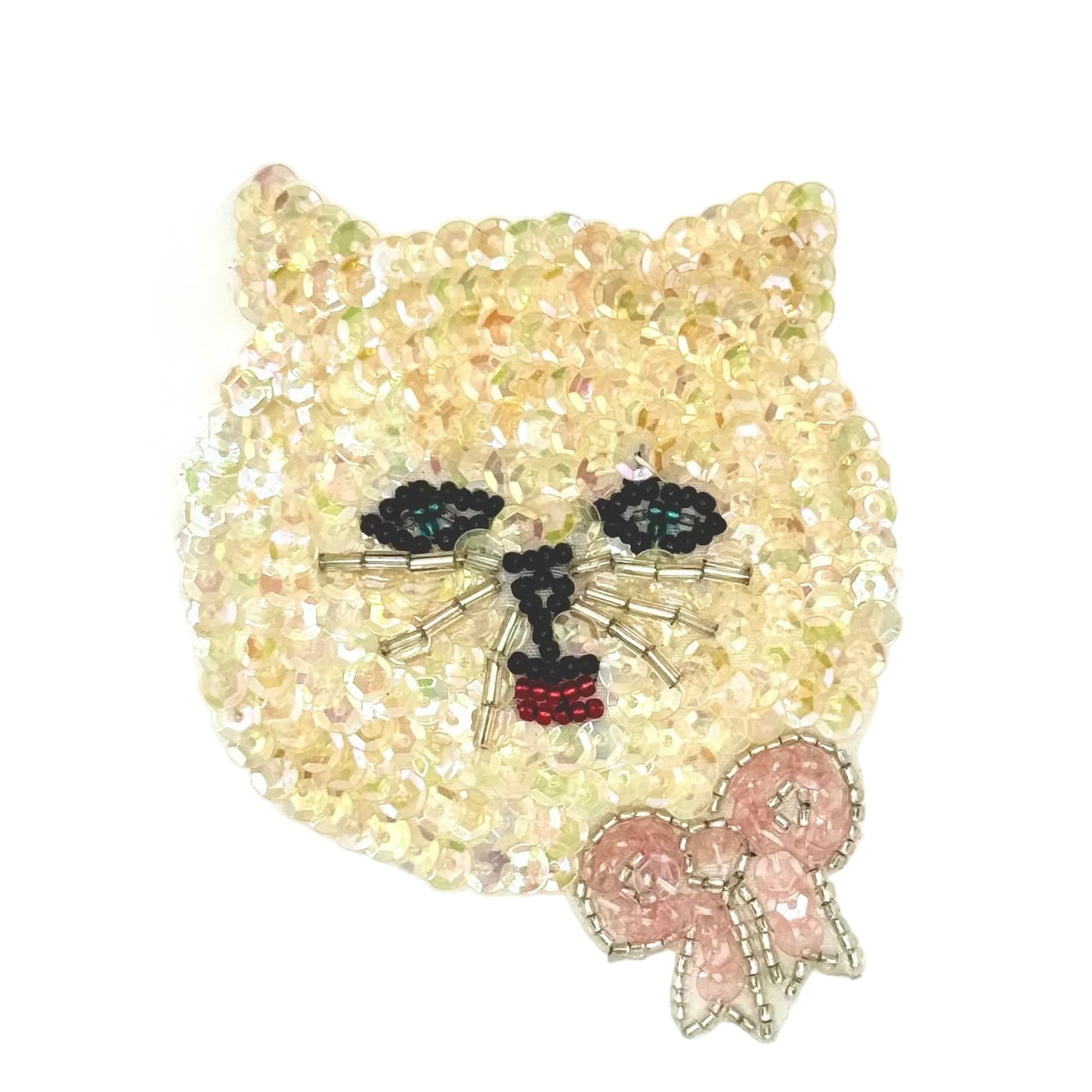 Cara de gato con lentejuelas iridiscentes y lazo rosa de 8,9 cm x 7 cm