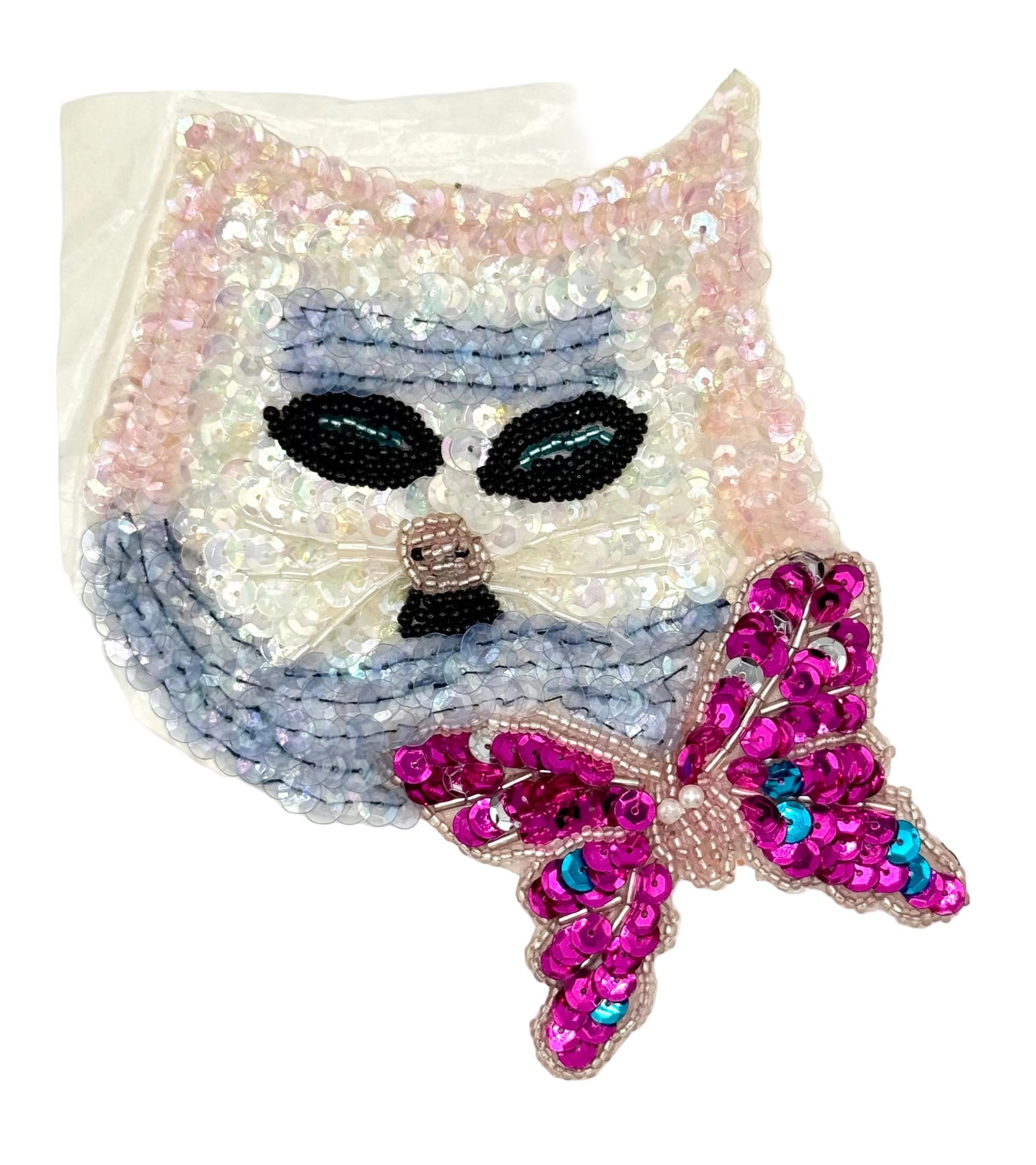 Gato con lentejuelas iridiscentes y lazo con abalorios de lentejuelas de mariposa de 7" o 3,75"