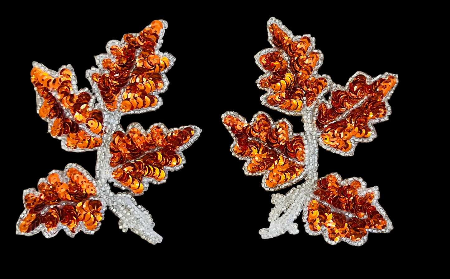 Leaf Pair with Orange Sequin and Silver Beads 5" x 4"