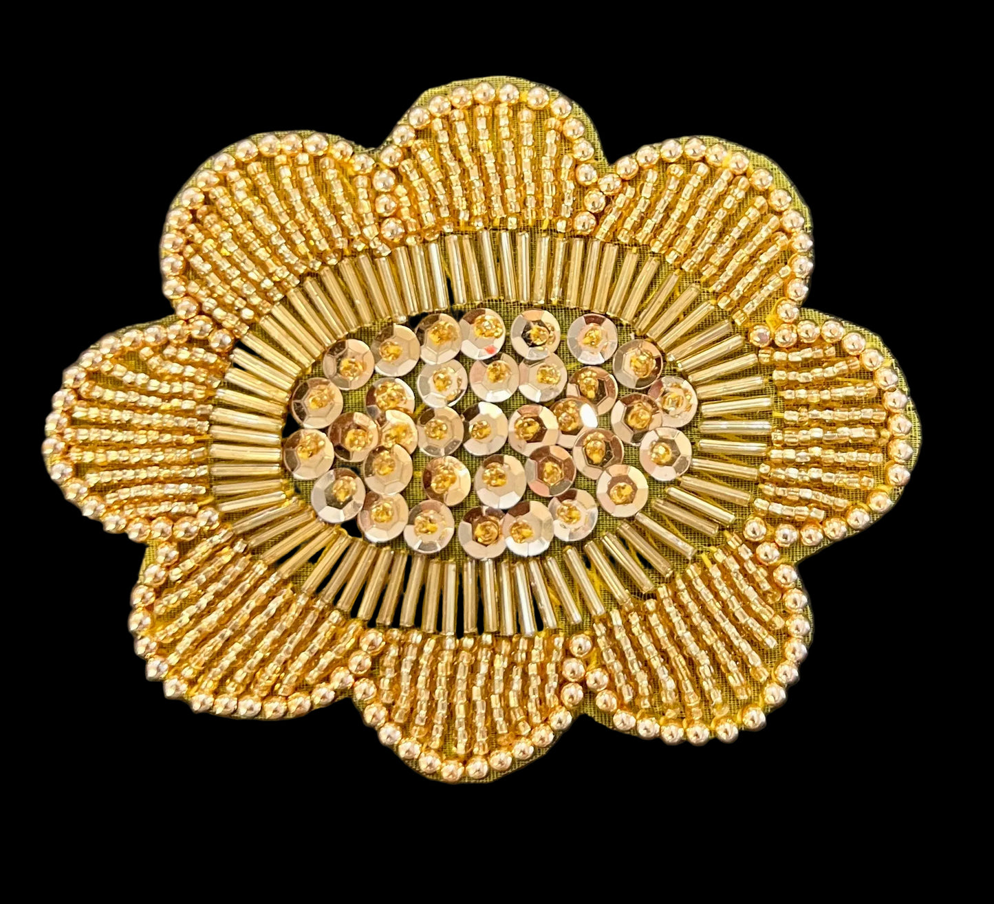 Flower with Gold Beads and Sequin Center 4" x 3"