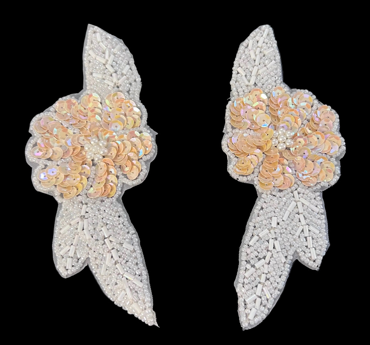 Flower Pair - Beige Sequins - White Pearl Beads 6” x 2.25”