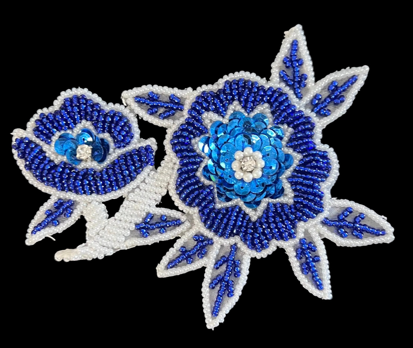 Flower - Blue Sequins - White/Blue Beads - White Cluster Pearls - Rhinestone Center 5" x 4"