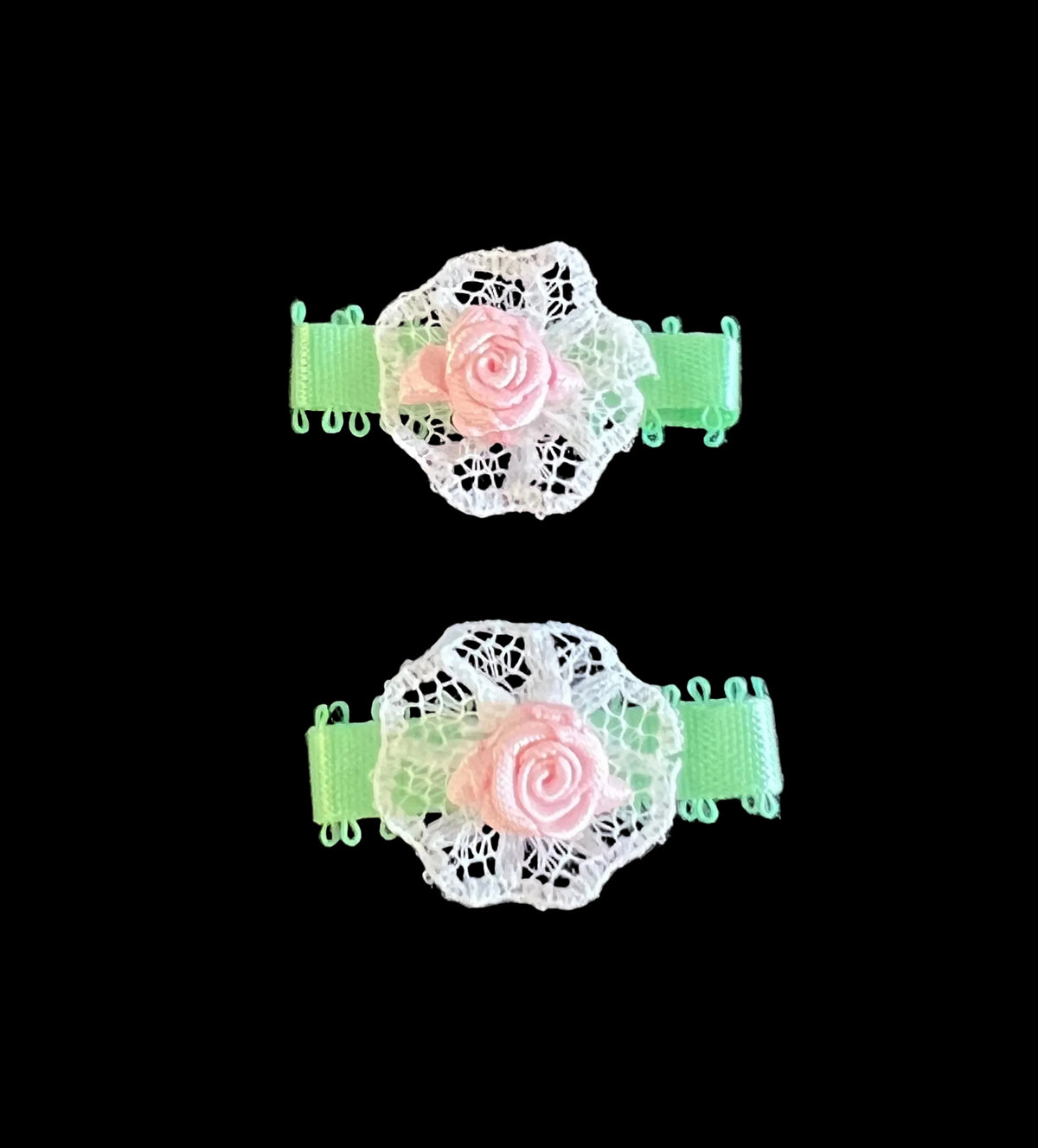 Flower - Set of 2 Embroidered Pink Satin- Green Satin Ribbon 1.5” x 1”