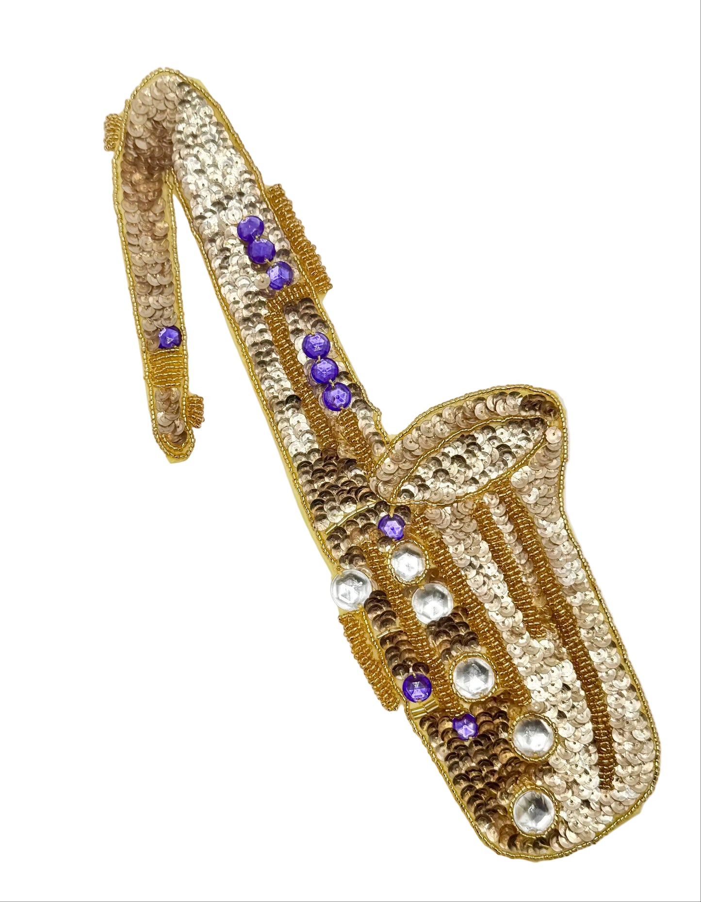 Saxofón Dorado con Cuentas Moradas 13" x 5"