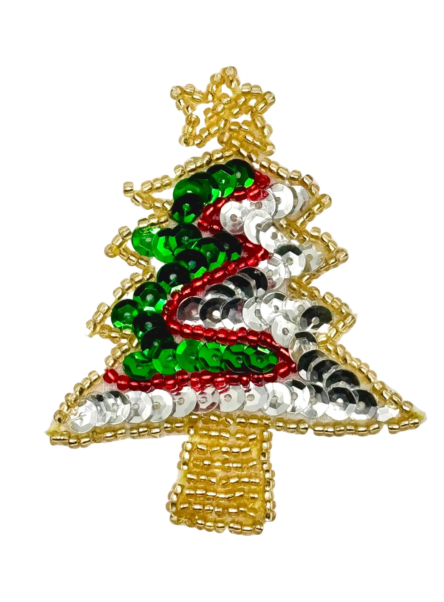 Christmas Tree with Green and Silver Sequins and Gold and Red Beads 2.75” x 2.25”