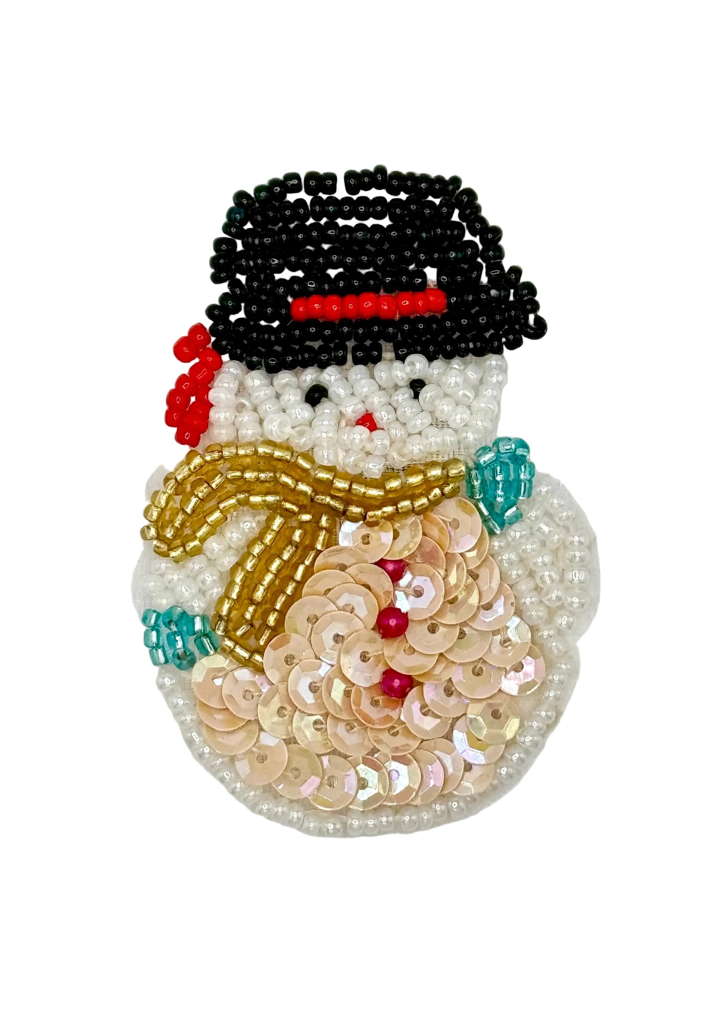 Decorative snowman patch with sequins and beads on a white background