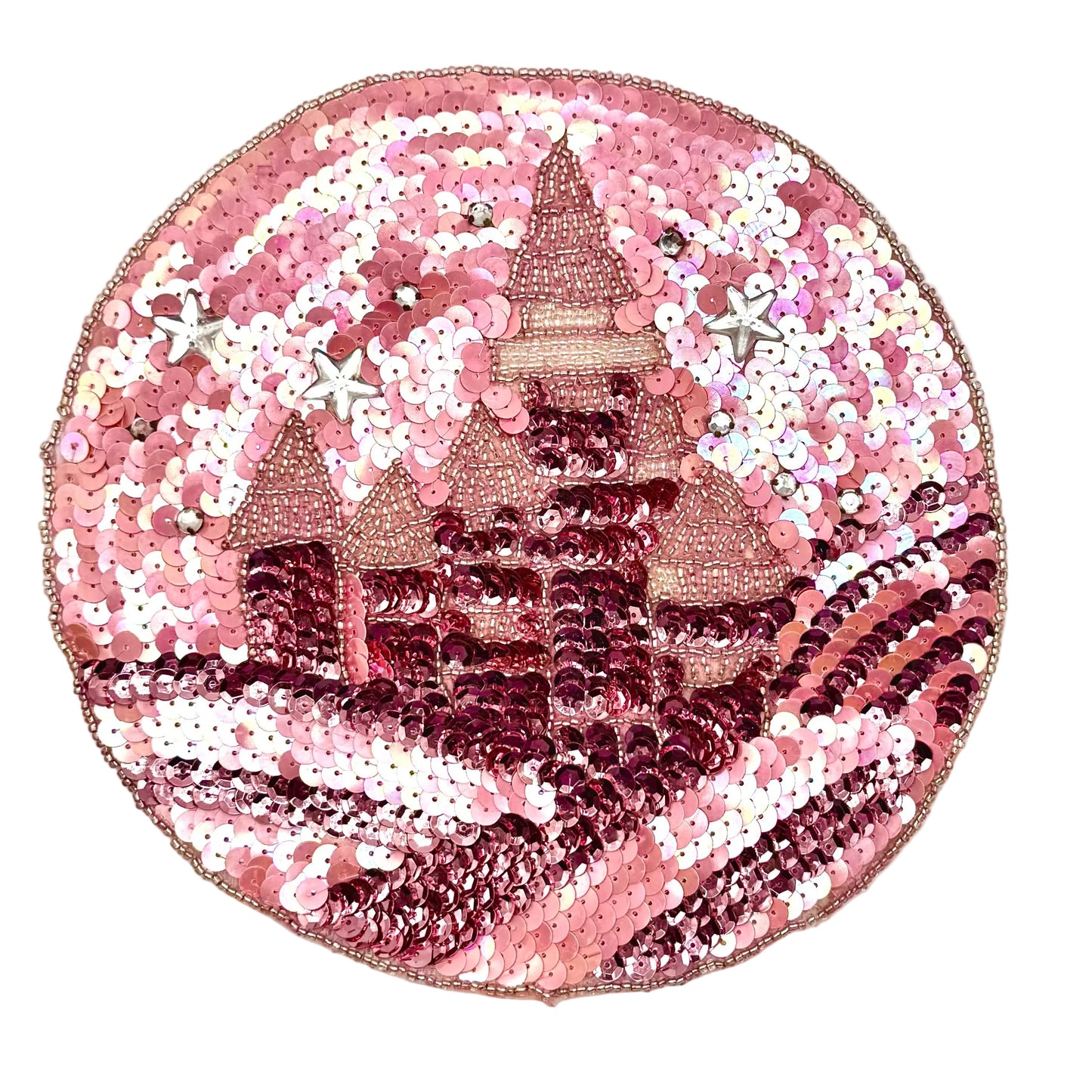 Castle Circular Patch - Pink Sequins - Silver Beads - Rhinestones - Gems - 8”