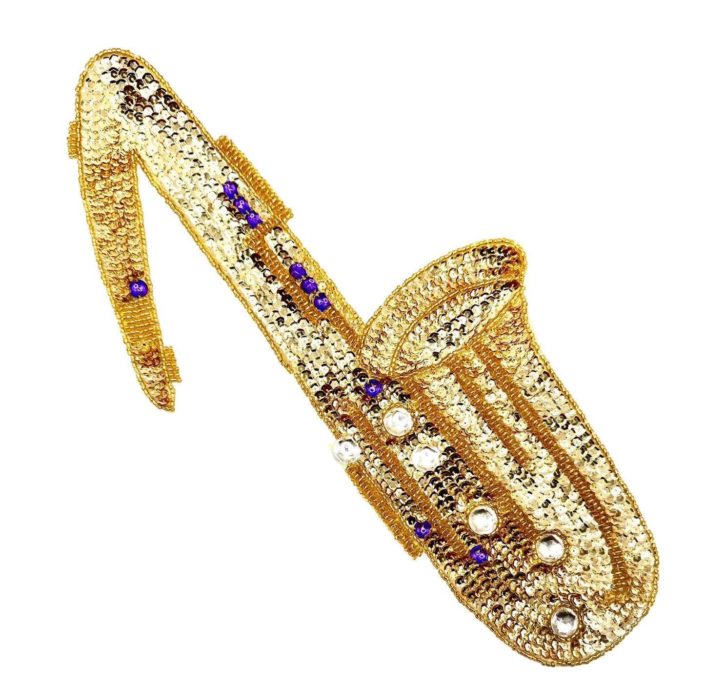 Sequin saxophone with sequins and beads on a white background
