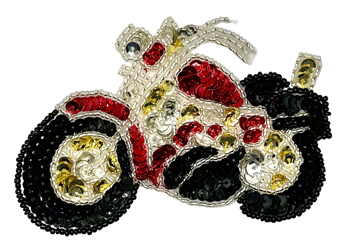 Sequin Motorcycle patch with sequins and beads on a white background