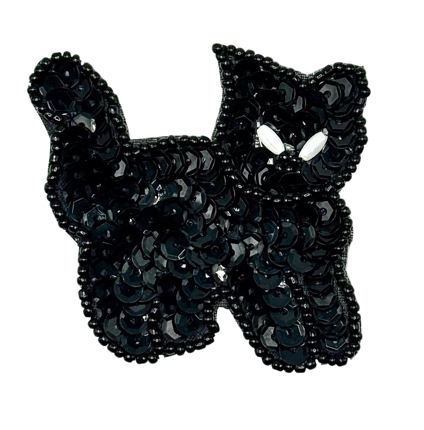 Aplique de gato negro hecho a mano con lentejuelas y cuentas negras con ojos de perla de 2.5” x 2.25”
