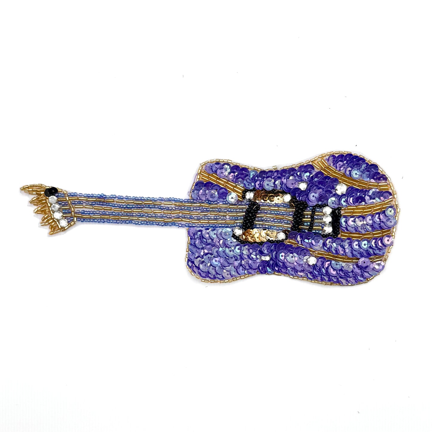 Handmade Guitar Appliqué with Purple Sequins and Beads 8.5" x 3"