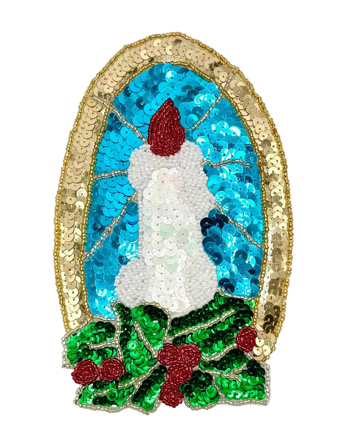 Christmas Candle Appliqué with Blue Stained Glass | Sequins & Beads, 7" x 4.5"