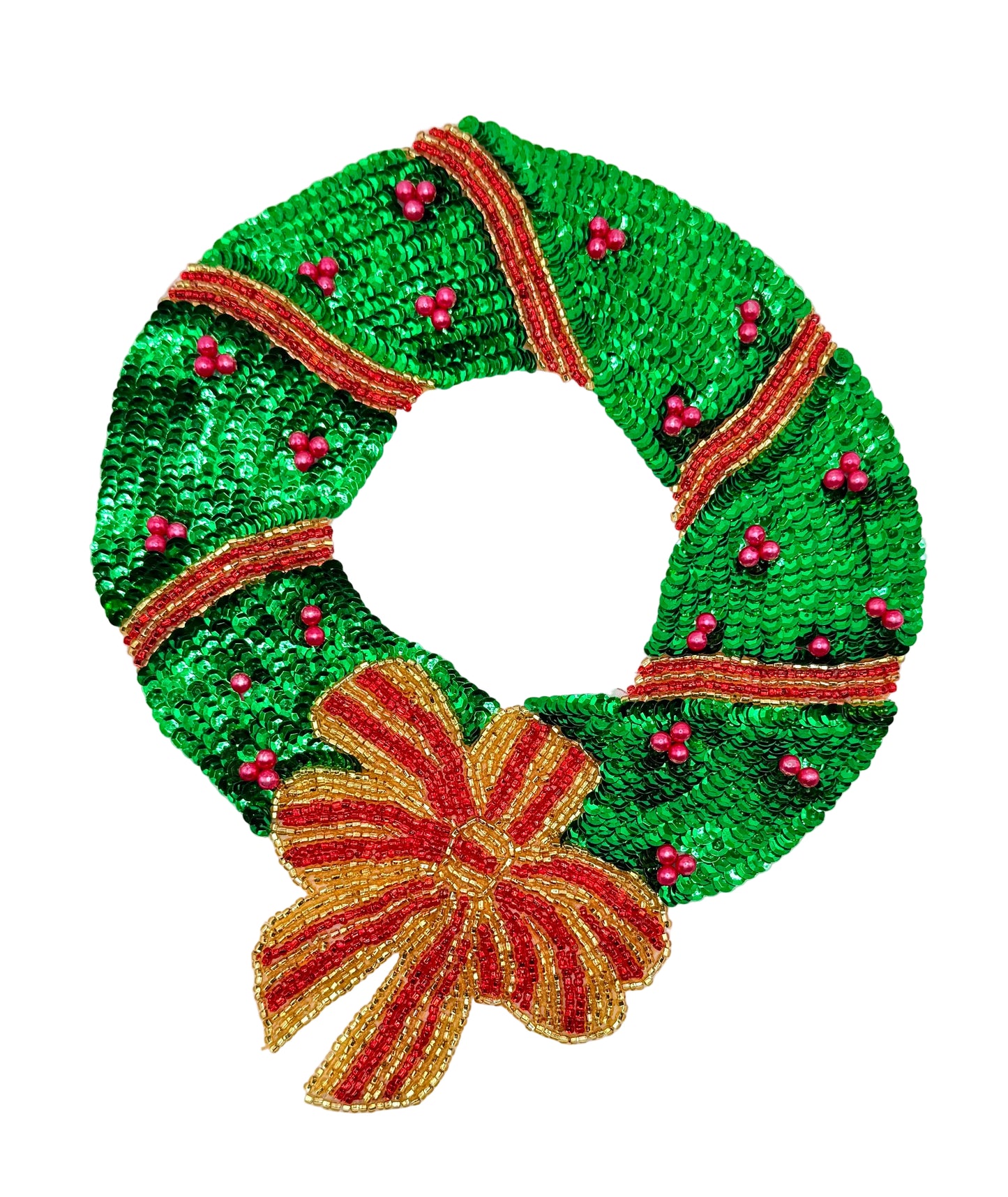 Green , Red and Gold Sequin and bead Christmas wreath with red ribbons and berries on a white background