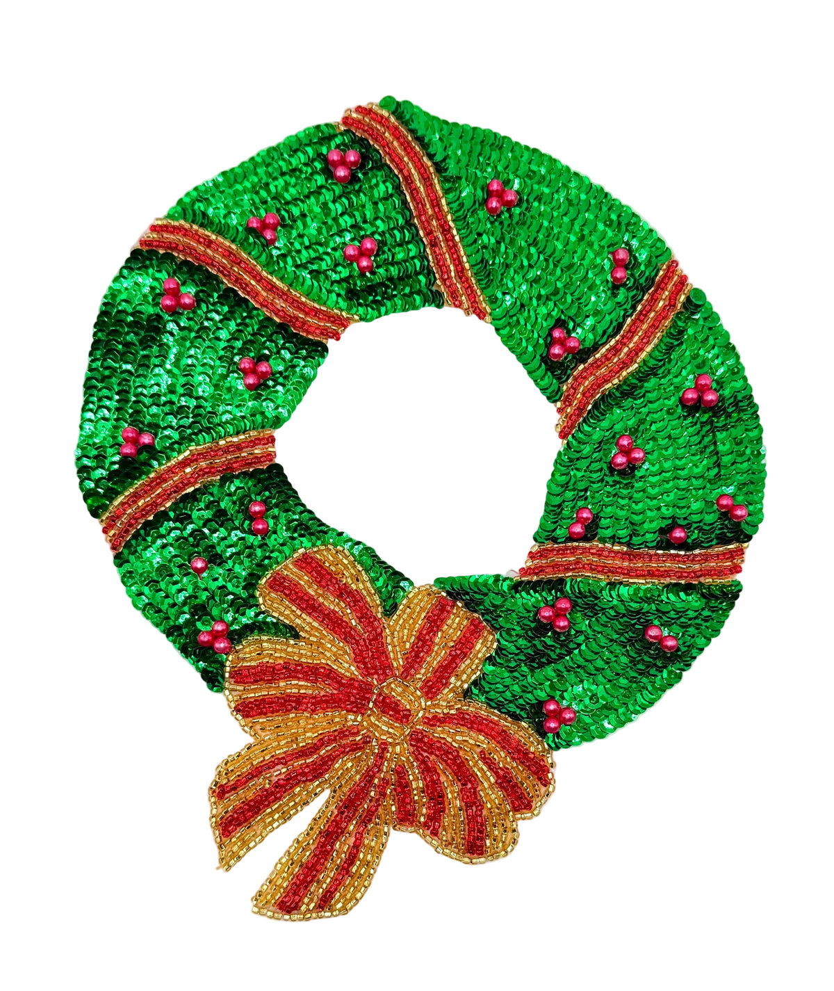 Green , Red and Gold Sequin and bead Christmas wreath with red ribbons and berries on a white background