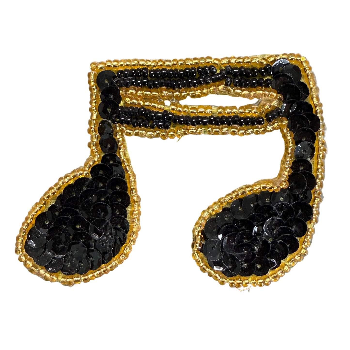 Musical Double Note Appliqué - Black Sequins - Gold Glass Beads - Pre-Glued 3" x 2.25"