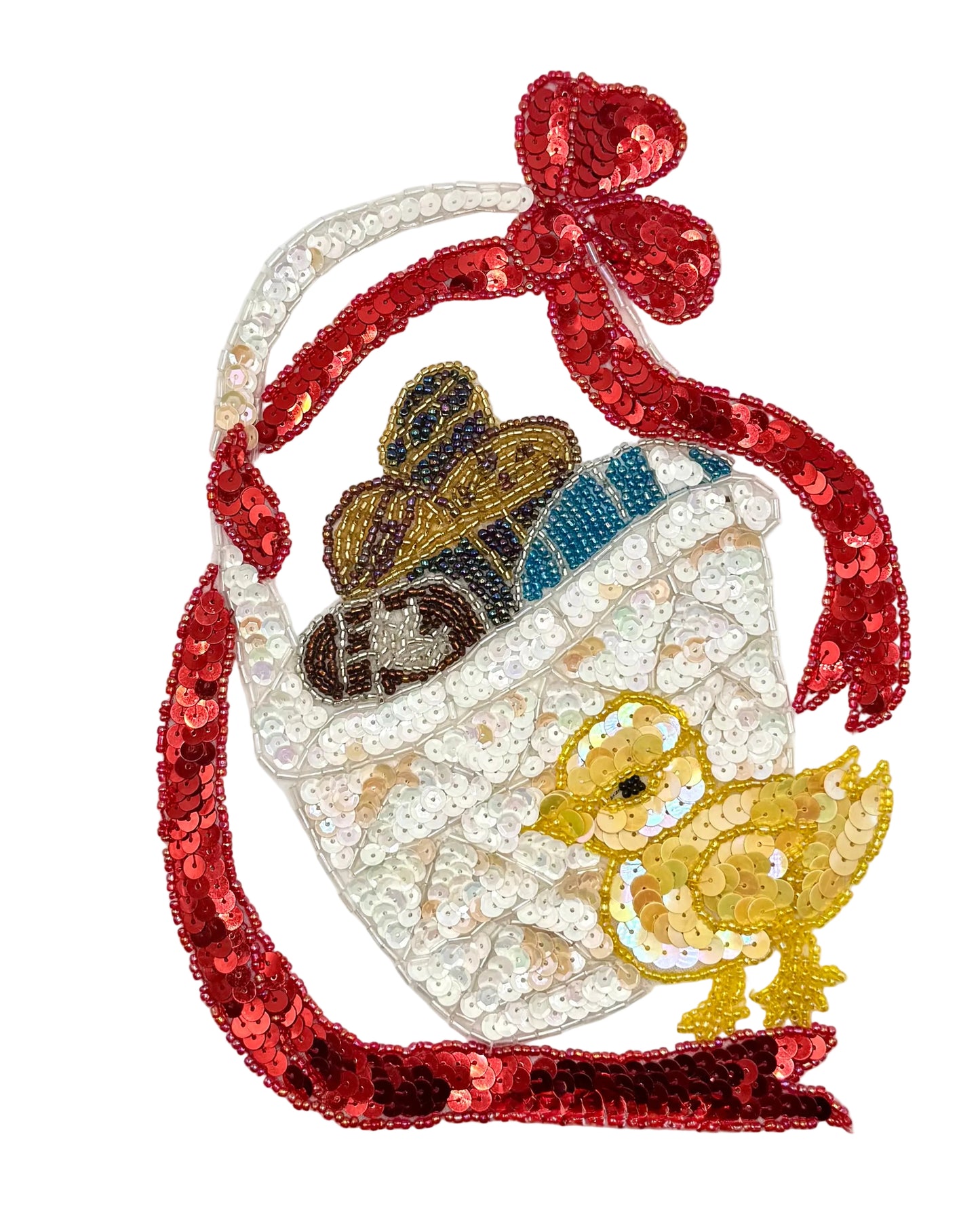 Decorative Easter Basket patch with sequins and a red bow on a white background